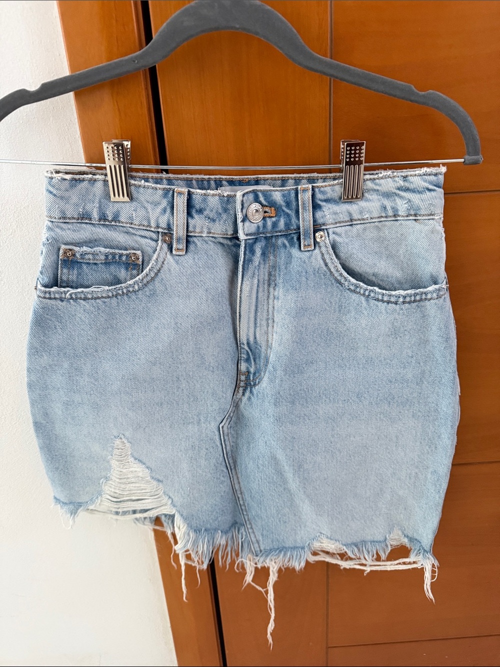 Zara Light Blue Distressed Denim Mini Skirt